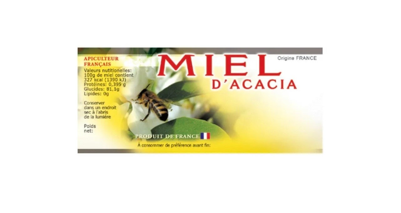 100 étiquettes adhésives miel d'acacia personnalisables 116x50mm