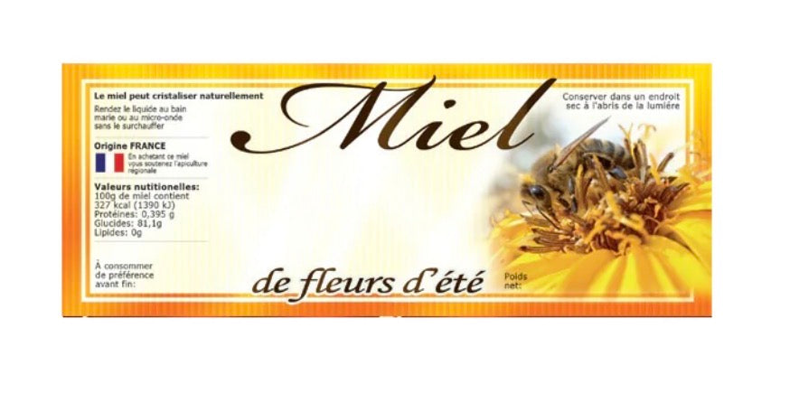 100 étiquettes adhésives "miel de fleurs d'été" personnalisables 154x60mm