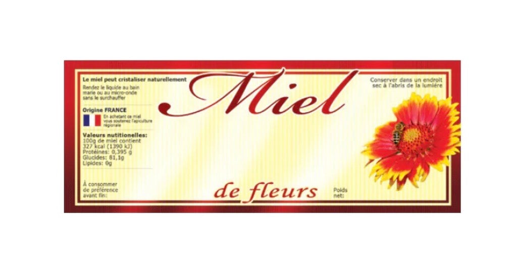 100 étiquettes adhésives "miel de fleurs" modèle fleur rouge