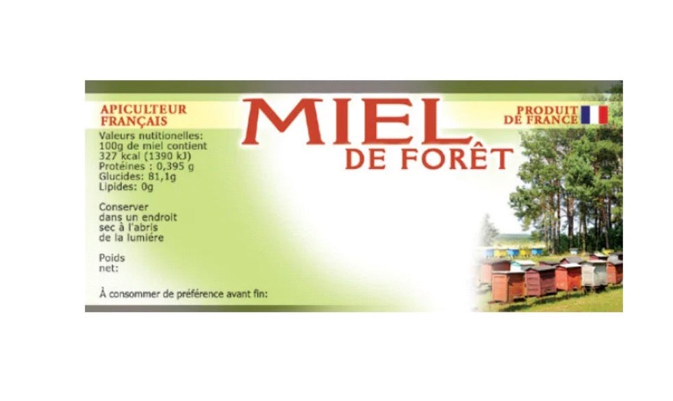 100 étiquettes "miel de fôret" 116x50 mm - personnalisable